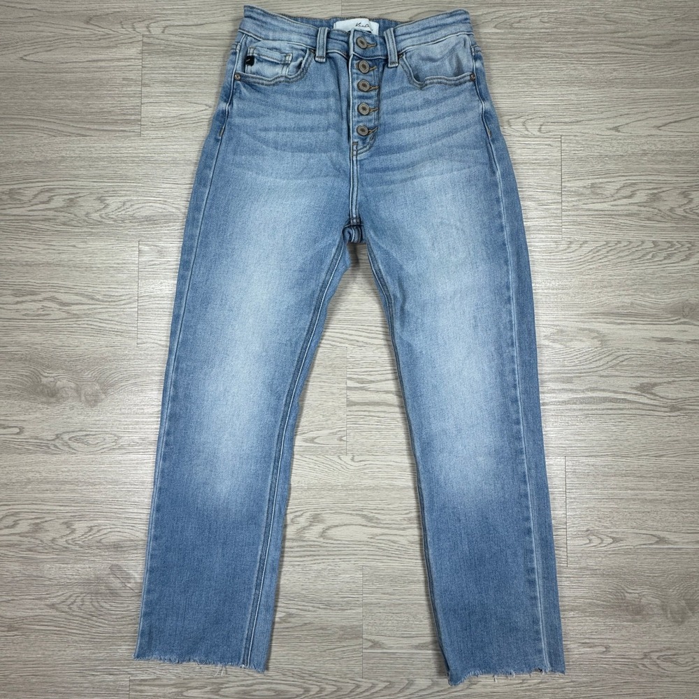KanCan Women Jeans High Rise Button Fly Straight Leg Blue 7/27 Raw Hem KC9299M